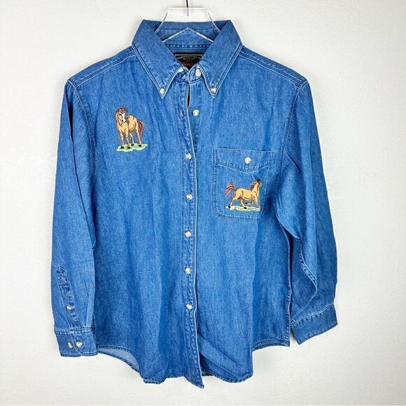 Wrangler Vintage 90s Denim Chambray Button Down Horse Rodeo Embroidered Shirt S - Picture 1 of 6
